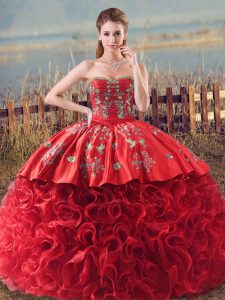 Lace Up Quinceanera Dress Coral Red for Sweet 16 and Quinceanera with Embroidery and Ruffles Brush Train