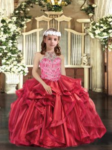 On Sale Halter Top Sleeveless Organza Little Girls Pageant Dress Wholesale Beading and Ruffles Lace Up