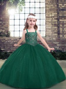 Straps Sleeveless Little Girl Pageant Gowns Floor Length Beading Green Tulle