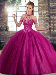 Fuchsia Halter Top Lace Up Beading Quinceanera Gowns Brush Train Sleeveless