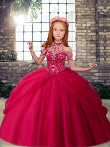 Hot Pink Halter Top Neckline Beading Little Girl Pageant Gowns Sleeveless Lace Up