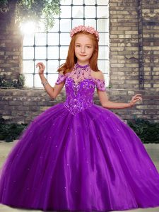 Purple Ball Gowns Beading Little Girl Pageant Gowns Lace Up Tulle Sleeveless Floor Length