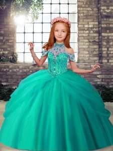 Floor Length Turquoise Child Pageant Dress High-neck Sleeveless Lace Up