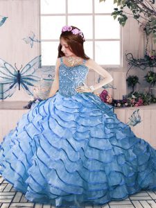 Simple Blue Straps Lace Up Beading and Ruffled Layers Pageant Dresses Court Train Sleeveless