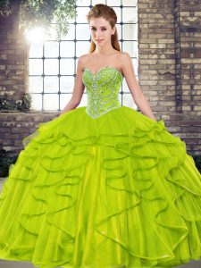 Latest Olive Green Sleeveless Tulle Lace Up Quinceanera Dress for Military Ball and Sweet 16 and Quinceanera