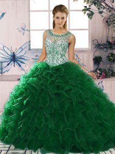 Ball Gowns Quinceanera Dresses Dark Green Scoop Organza Sleeveless Floor Length Lace Up