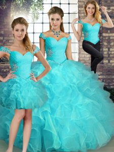 Luxury Aqua Blue Sleeveless Floor Length Beading and Ruffles Lace Up Ball Gown Prom Dress