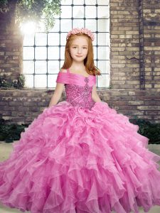 Superior Lilac Ball Gowns Straps Sleeveless Organza Floor Length Lace Up Beading and Ruffles Kids Pageant Dress