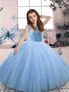 Most Popular Floor Length Blue Little Girls Pageant Dress Wholesale Scoop Sleeveless Lace Up