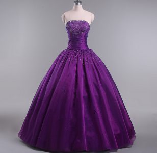 Pretty Floor Length Lace Up Quinceanera Gowns Eggplant Purple for Sweet 16 and Quinceanera with Beading and Ruching