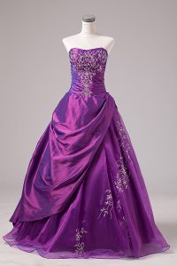 Purple Organza Zipper Strapless Sleeveless Floor Length 15th Birthday Dress Embroidery