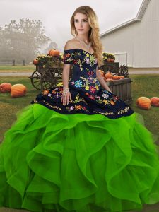 Off The Shoulder Sleeveless Tulle Ball Gown Prom Dress Embroidery and Ruffles Lace Up