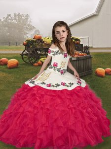 Embroidery and Ruffles Little Girls Pageant Dress Wholesale Coral Red Lace Up Sleeveless Floor Length