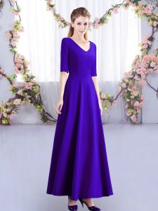 Purple Satin Zipper V-neck Half Sleeves Ankle Length Quinceanera Dama Dress Ruching