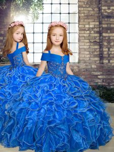Graceful Blue Organza Lace Up Straps Sleeveless Floor Length Little Girls Pageant Dress Beading and Ruffles