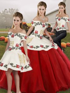 Three Pieces Quinceanera Gowns White And Red Off The Shoulder Organza Sleeveless Floor Length Lace Up