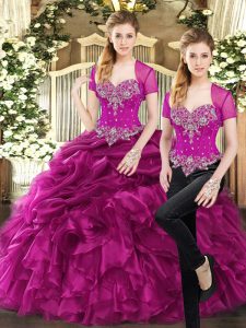 Beauteous Sleeveless Floor Length Beading and Ruffles and Pick Ups Lace Up 15 Quinceanera Dress with Fuchsia