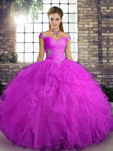 Fuchsia Off The Shoulder Lace Up Beading and Ruffles Vestidos de Quinceanera Sleeveless