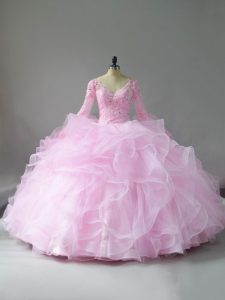 Smart Pink Long Sleeves Lace and Ruffles Floor Length Ball Gown Prom Dress
