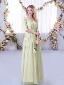 Fabulous Tulle V-neck Half Sleeves Side Zipper Lace and Belt Dama Dress for Quinceanera in Yellow Green