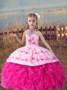 Hot Pink Sleeveless Floor Length Beading and Embroidery and Ruffles Lace Up Child Pageant Dress