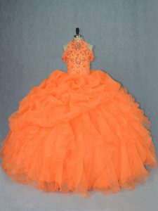 Luxury Orange Ball Gowns Beading and Ruffles Sweet 16 Dresses Lace Up Organza Sleeveless Floor Length