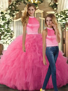 Sleeveless Tulle Floor Length Backless Ball Gown Prom Dress in Hot Pink with Beading and Ruffles