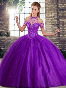 Spectacular Purple Lace Up Halter Top Beading Casual Dresses Tulle Sleeveless Brush Train