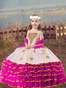 Custom Design Fuchsia Girls Pageant Dresses Wedding Party with Beading and Embroidery and Ruffled Layers Straps Sleeveless Lace Up