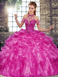Exquisite Halter Top Sleeveless Sweet 16 Dresses Floor Length Beading and Ruffles Fuchsia Organza