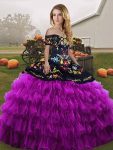 Off The Shoulder Sleeveless Lace Up Quinceanera Dress Black And Purple Organza