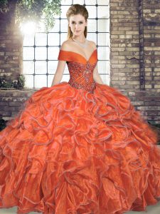 Hot Selling Orange Red Ball Gowns Beading and Ruffles 15 Quinceanera Dress Lace Up Organza Sleeveless Floor Length