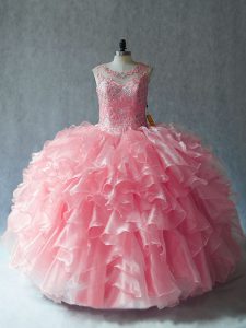 Adorable Ball Gowns Quinceanera Dress Pink Scoop Organza Sleeveless Lace Up