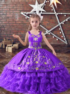 Hot Sale Lavender Ball Gowns Straps Sleeveless Satin and Organza Floor Length Lace Up Embroidery and Ruffled Layers Girls Pageant Dresses