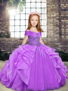 Sleeveless Floor Length Beading and Ruffles Lace Up Kids Formal Wear with Lavender