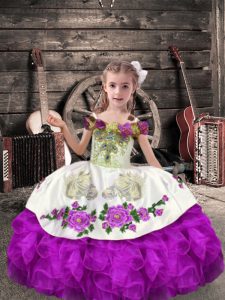 Sleeveless Organza Floor Length Lace Up Little Girls Pageant Dress Wholesale in Purple with Beading and Embroidery and Ruffles