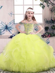 Cheap Floor Length Lace Up Pageant Dresses Yellow Green for Party and Sweet 16 and Wedding Party with Beading and Ruffles