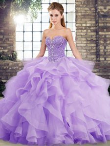 Latest Sleeveless Brush Train Beading and Ruffles Lace Up Quinceanera Gowns