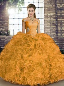Sleeveless Organza Floor Length Lace Up Quince Ball Gowns in Orange with Beading and Ruffles