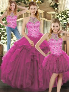 Charming Floor Length Lace Up Quinceanera Dress Fuchsia for Military Ball and Sweet 16 and Quinceanera with Beading and Ruffles
