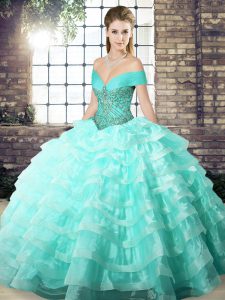 Apple Green Off The Shoulder Lace Up Beading and Ruffled Layers Quinceanera Dresses Brush Train Sleeveless