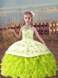 Fancy Yellow Green Ball Gowns Halter Top Sleeveless Organza Floor Length Lace Up Beading and Embroidery and Ruffles Kids Pageant Dress