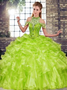Extravagant Sleeveless Organza Floor Length Lace Up Sweet 16 Dresses in Olive Green with Beading and Ruffles