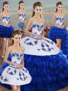 Organza Sweetheart Sleeveless Lace Up Embroidery and Ruffled Layers and Bowknot Sweet 16 Dress in Royal Blue