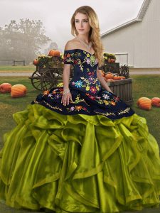 Floor Length Olive Green Quinceanera Gown Organza Sleeveless Embroidery and Ruffles