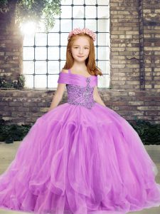 Charming Lilac Straps Neckline Beading Little Girls Pageant Dress Wholesale Sleeveless Side Zipper