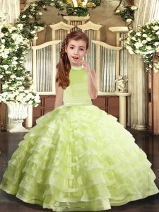 Beading and Ruffled Layers Pageant Dress Wholesale Yellow Green Backless Sleeveless Floor Length