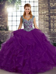 Hot Sale Floor Length Purple Quinceanera Dresses Straps Sleeveless Lace Up