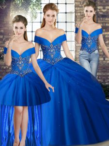 Hot Selling Royal Blue Quince Ball Gowns Off The Shoulder Sleeveless Brush Train Lace Up