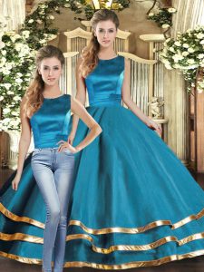 Teal Lace Up Ball Gown Prom Dress Ruffled Layers Sleeveless Floor Length